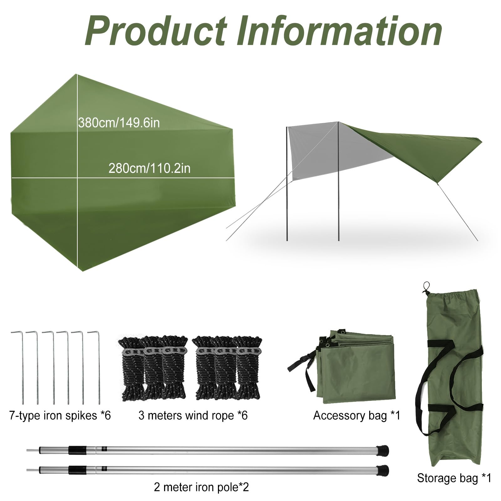 Toldo para Coche, Universal Toldo para Portón Trasero de Coche 380x280cm, Impermeable Toldo Parasol Coche para Auto, SUV, Camping (Verde)