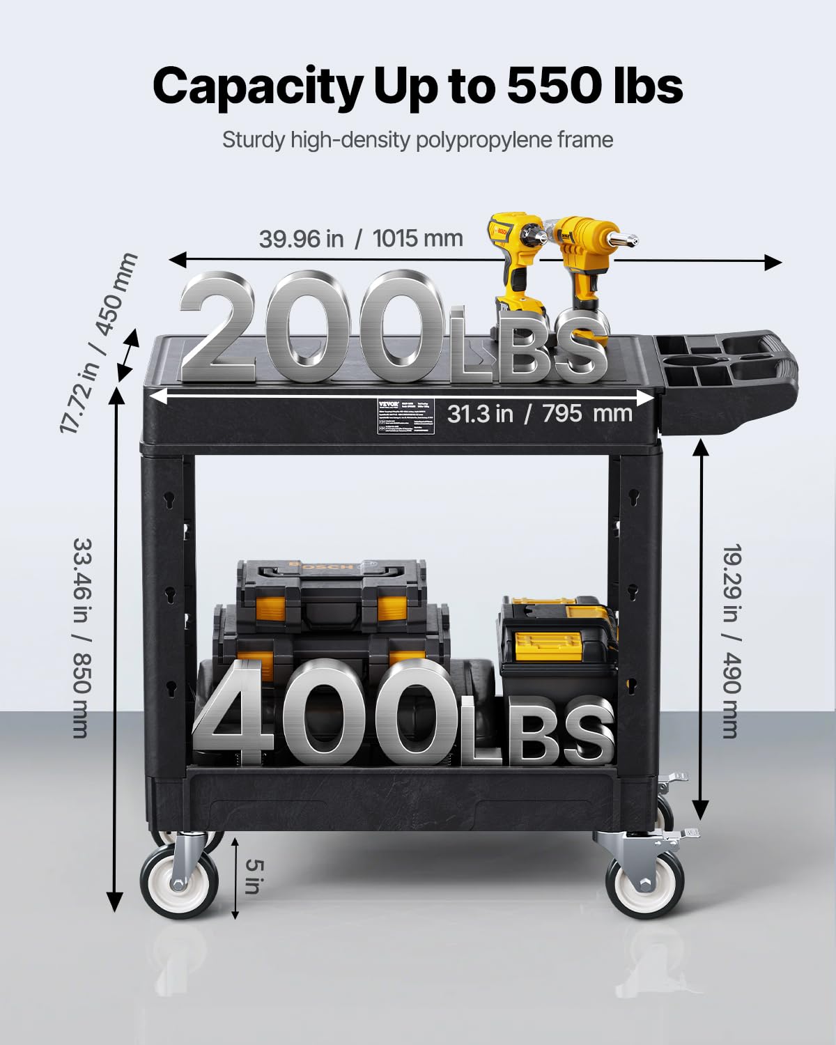VEVOR Carrello Portaoggetti in Plastica Resistente a Due Ripiani con Ruote Girevoli a 360° Carrello di Servizio da 795 x 450 mm Capacità di Carico di 250 kg Adatto per Magazzino, Garage, Pulizia