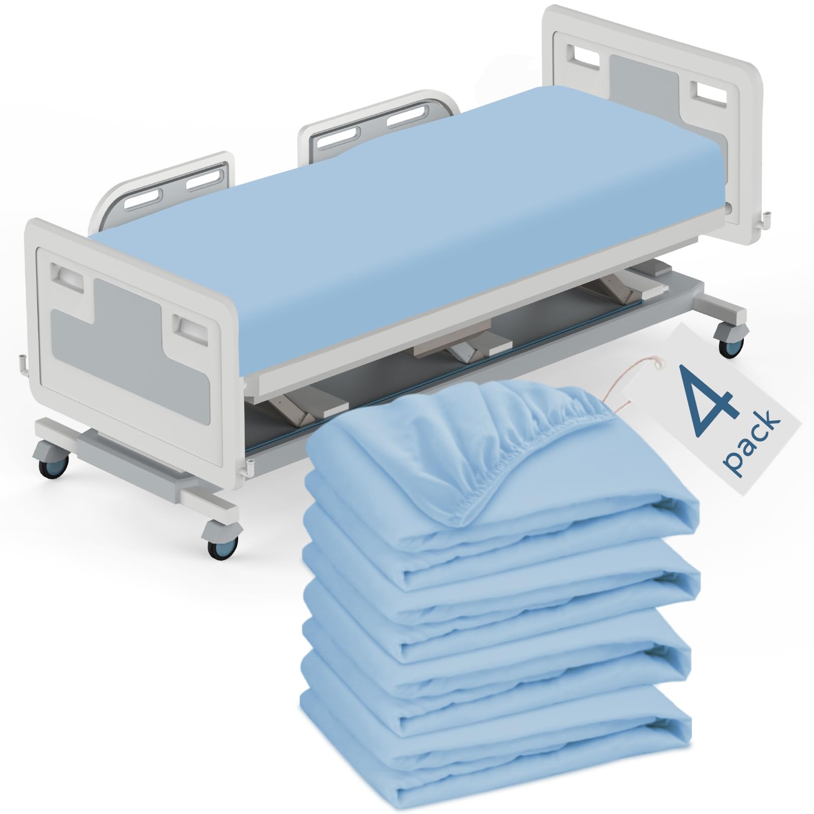 Sábanas bajeras de hospital de 36 x 84 x 9 pulgadas, paquete de 4 sábanas de hospital azules para camas de cuidado del hogar y hospital, sábanas de hospital suaves con elástico alrededor