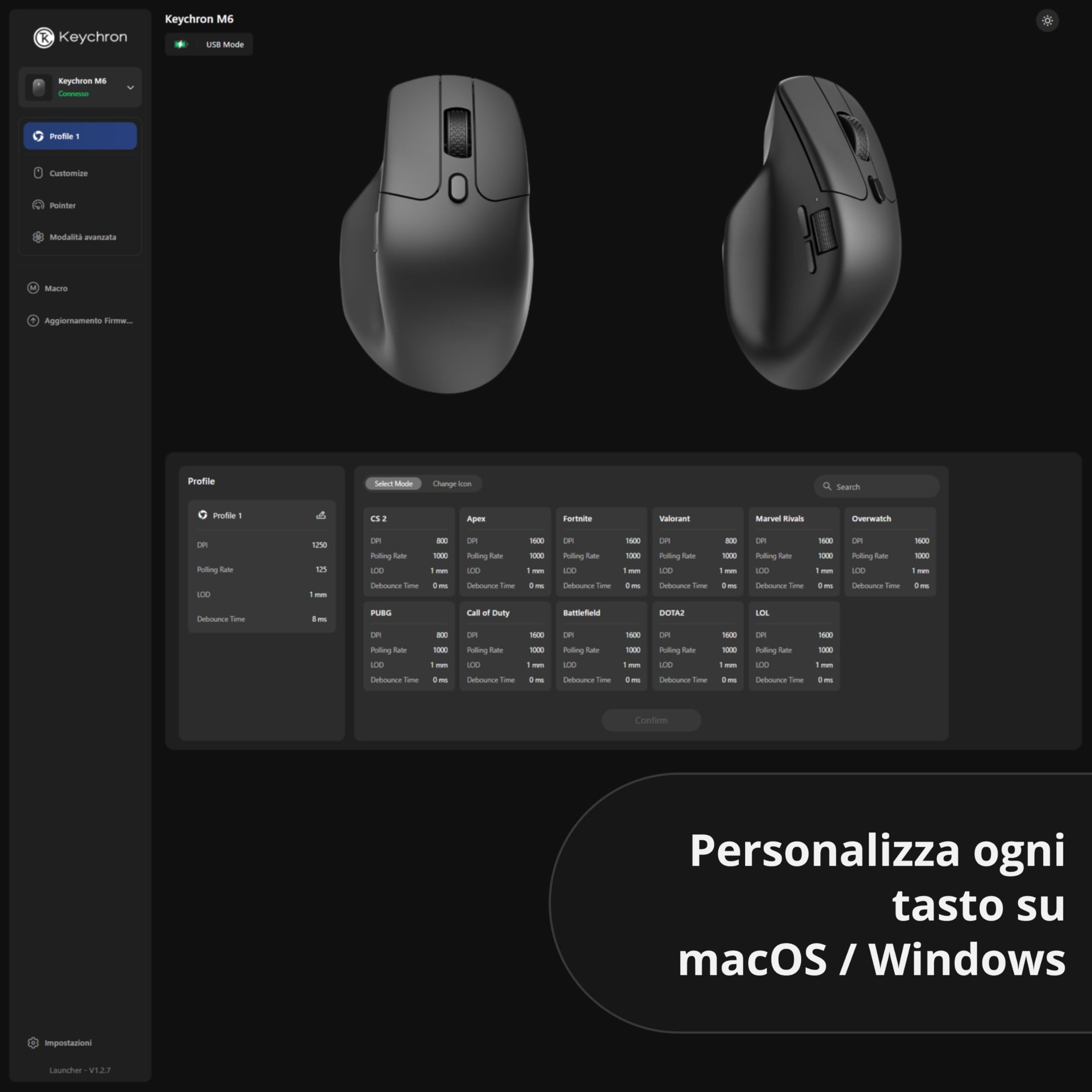 Keychron Mouse da gioco senza fili M6 8000 Hz 2,4 GHz e Bluetooth 5.3, sensore PixArt 3950, 30000 DPI, ruota in metallo, Huano Silent Micro Switch, programmabile con Launcher, per Windows, Mac e Linux