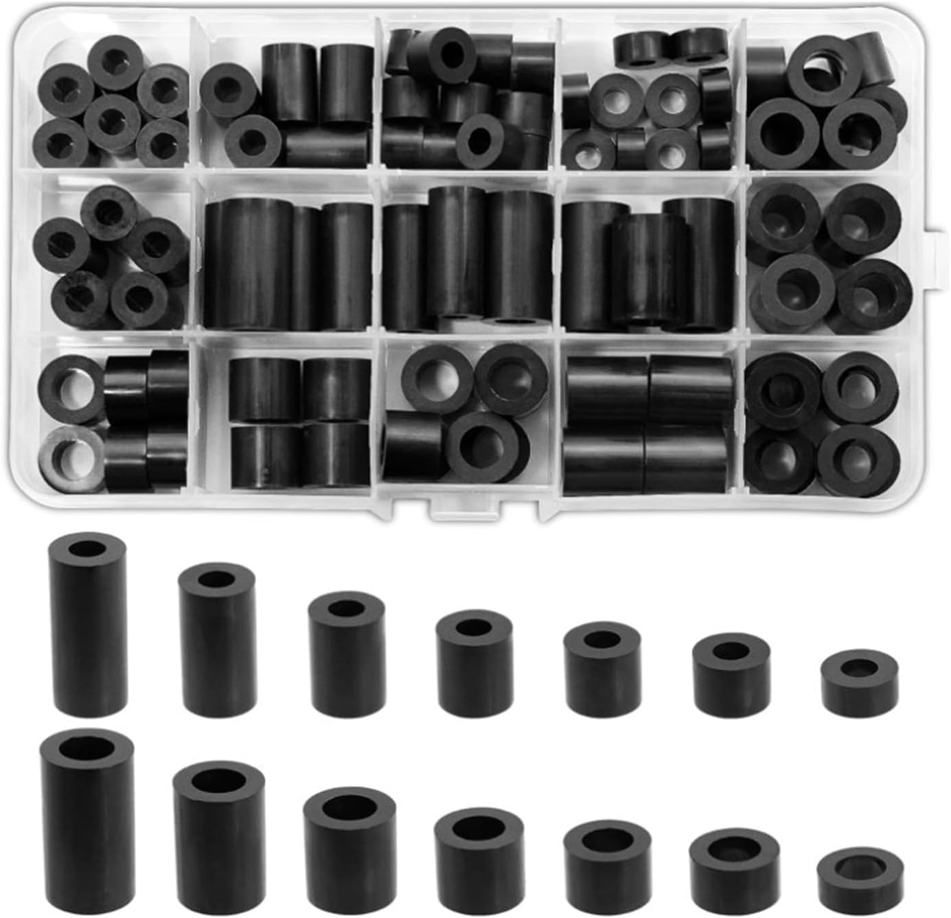 90 Pcs ABS Round Spacers Washers Assortment Kit, Insulation Spacer for M6 M8 Screws Non-Threaded Column Standoff Spacer with Plastic Box, 14 Different Sizes