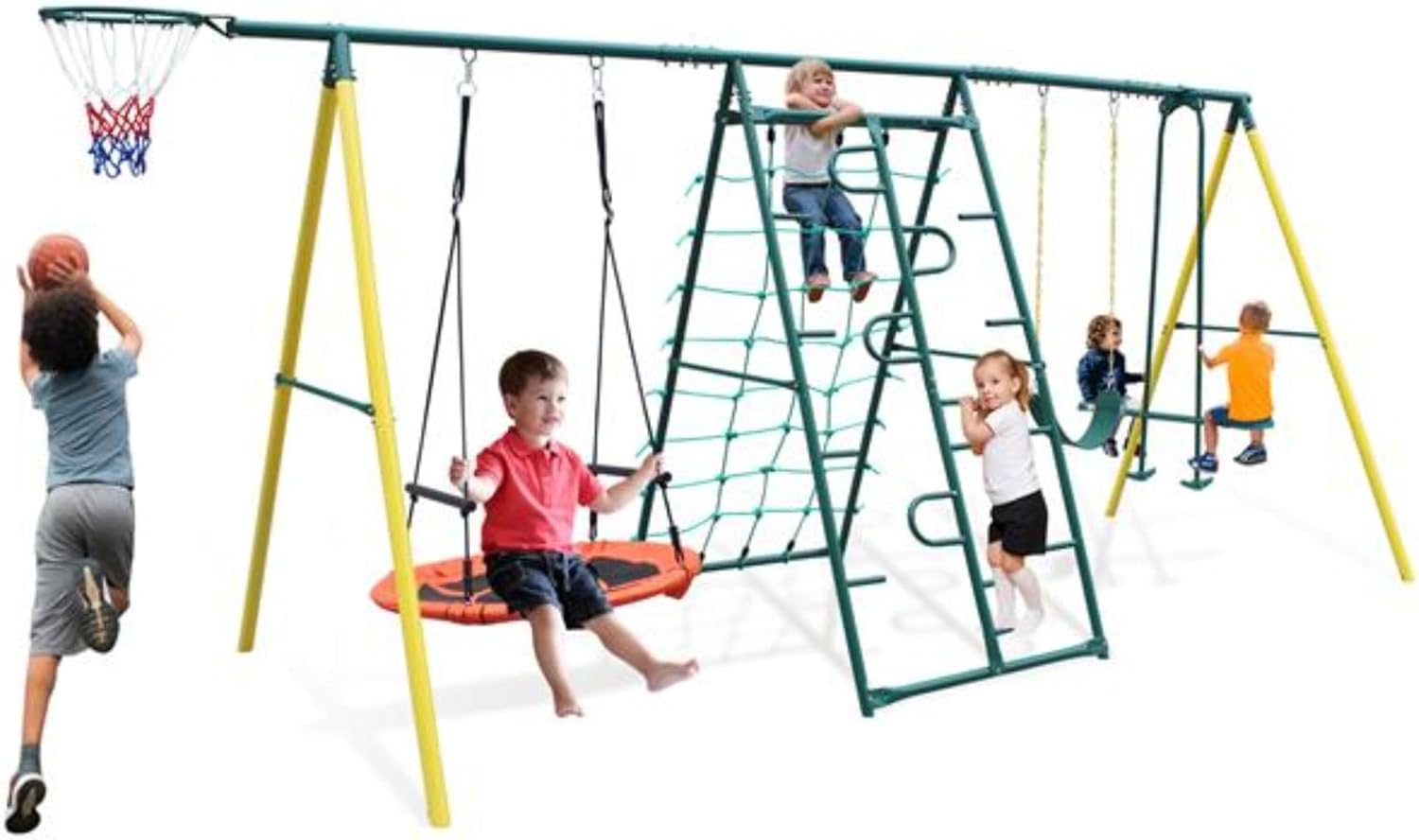 Fun 6-Function Swing, 6-in-1 Multifunctional Swing Set, Outdoor Metal Swing, Outdoor Playground Equipment, Climbing Frame, Saucer Swing, Basketball Stand, Suitable for Children Over 3 Years Old