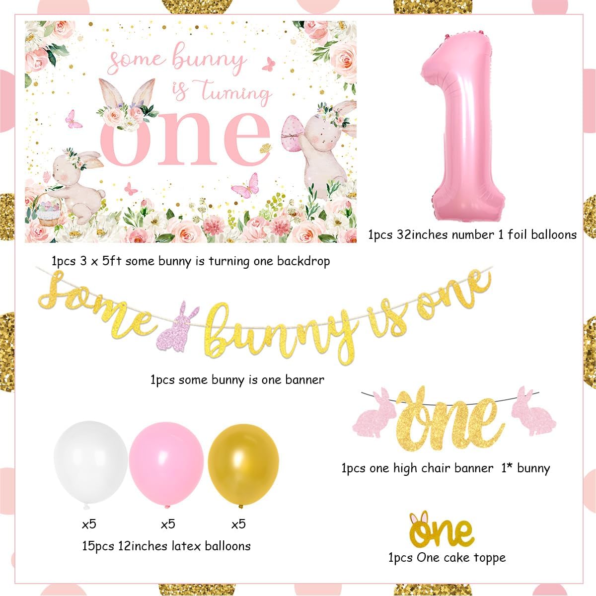 Some Bunny Is One Birthday Decorations, Bunny 1st Birthday Decorations for Girls Cake Topper Backdrop High Chair Banner for Girl 1st Bday