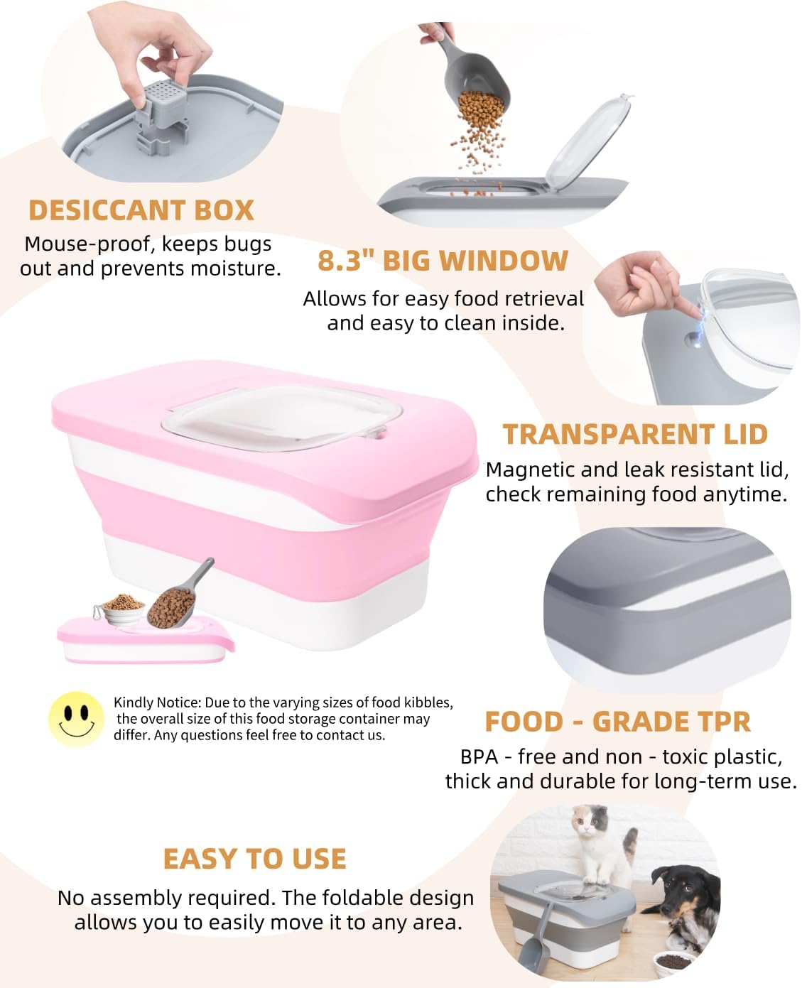 10-13 Lbs Dog Food Container, Collapsible Pet Food Storage Containers with Airtight Lid, Pet Food Scoop and Silicone Dog Bowl, Dog Food Storage Container Dry Food for Dog, Cat Pink image 7 of 9 B0CN9DK753