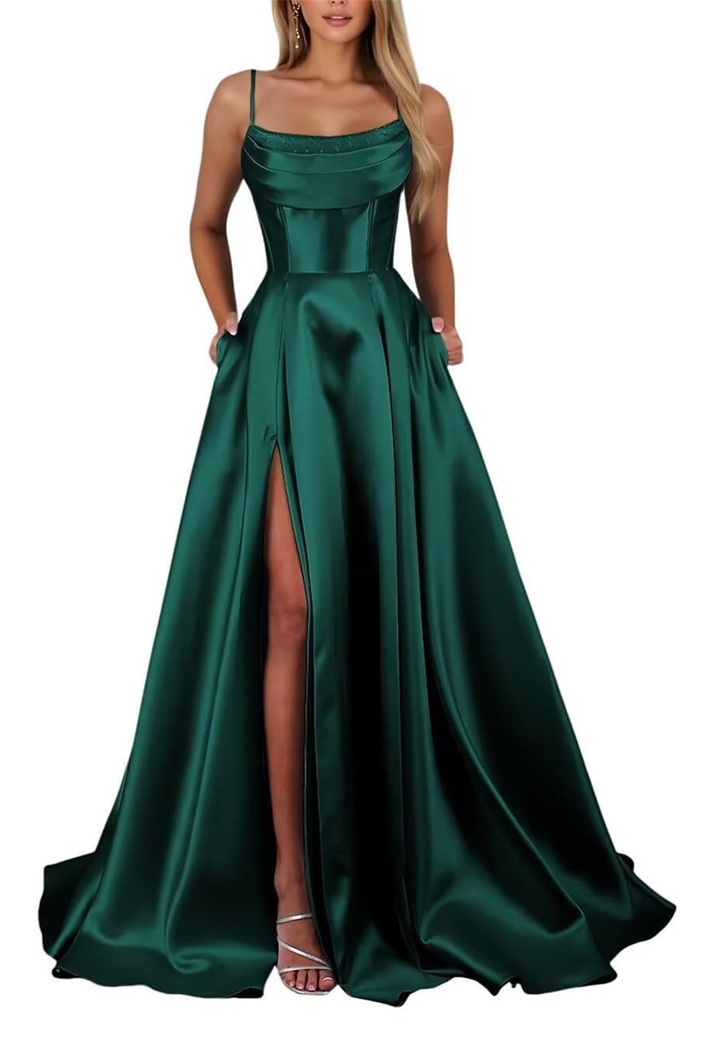 KIYNE Peacock Satin Prom Dresses with Slit for Women Plus Size A Line Ball Gown Corset Formal Evening Dress UK22