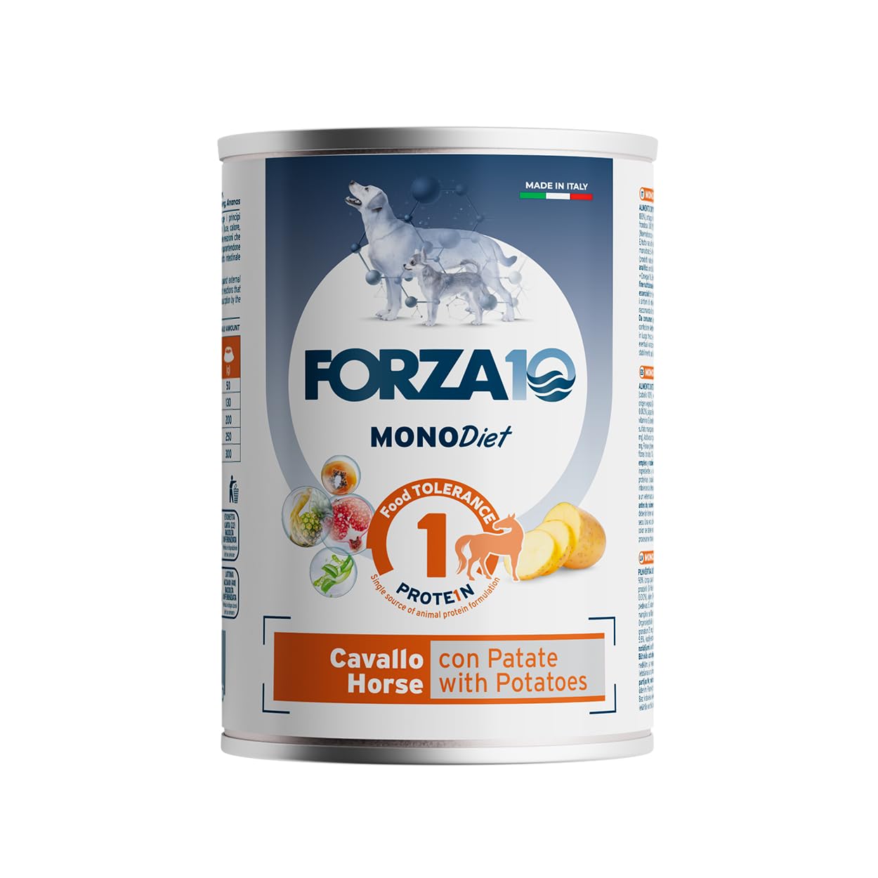 Cavallo con Patate – Forza10 Diet Cibo Umido per Cani Adulti di tutte le Taglie e Razze, Monoproteico, Intolleranze alimentari 12 Lattine x 400g, Alimento Completo.