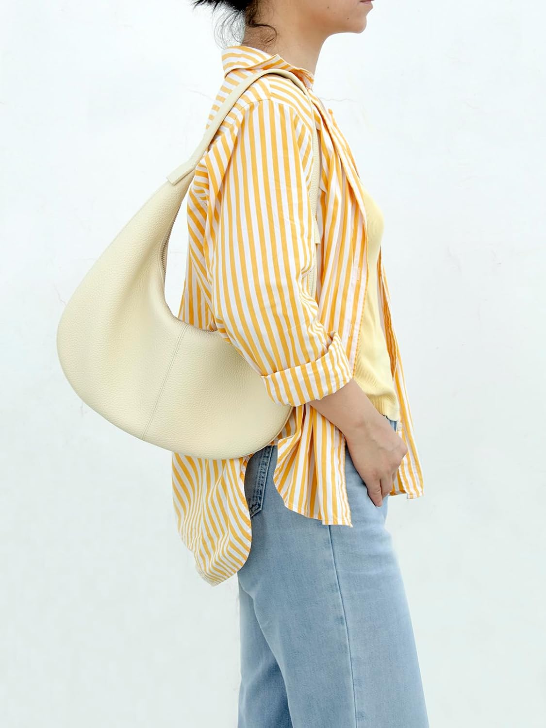 Full Grained Real Leather Hobo Bags for Women,Women's Crescent Handbag with Wide Shoulder Strap (Beige) - Image 2