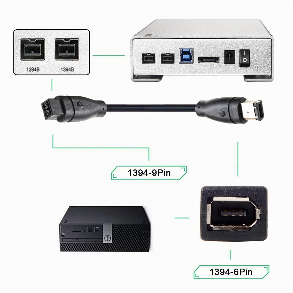 CY IEEE 1394 Firewire 800 - Cavo FireWire da 800 a 400 9p a 6 pin, 1,8 m