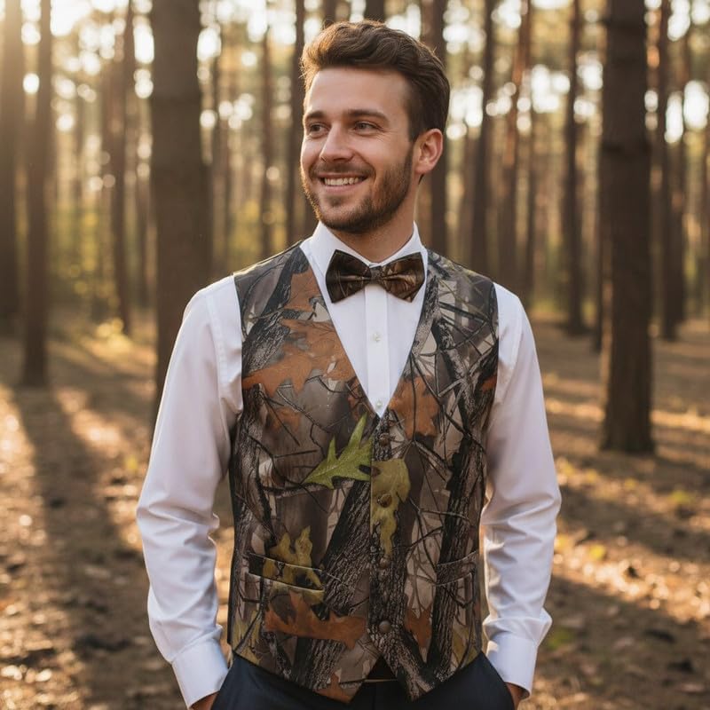 Mens 5 Button Vests Outerwear Camouflage Color (Vest+Bowtie) image 4