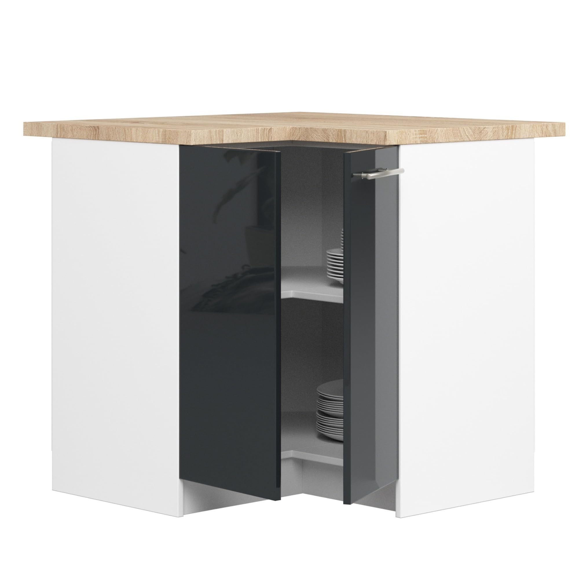 AKORD | Eck-Küchenschrank mit Arbeitsplatte - Oliwia S90 | Küchenunterschrank mit 2 Türen und 2 Einlegeböden | Unterschrank Küche 90 cm Breit | ABS-Kante 18 mm | 46x90x85 cm | Weiß & Graphit glänzend