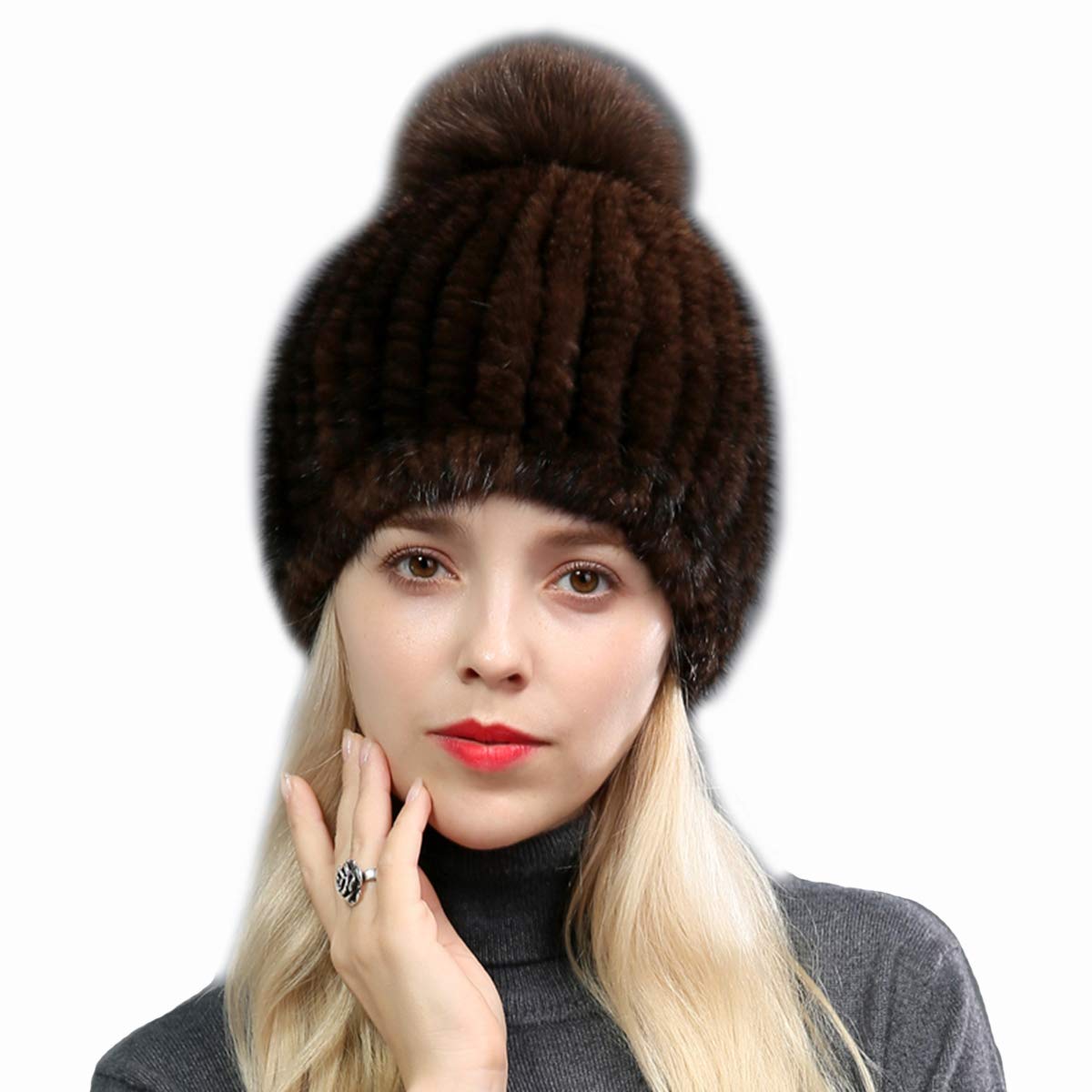 Gorros de Invierno para Mujer Piel Auténtica de Visón Sombrero Gorro de Punto con Pompón Elástico Cálido