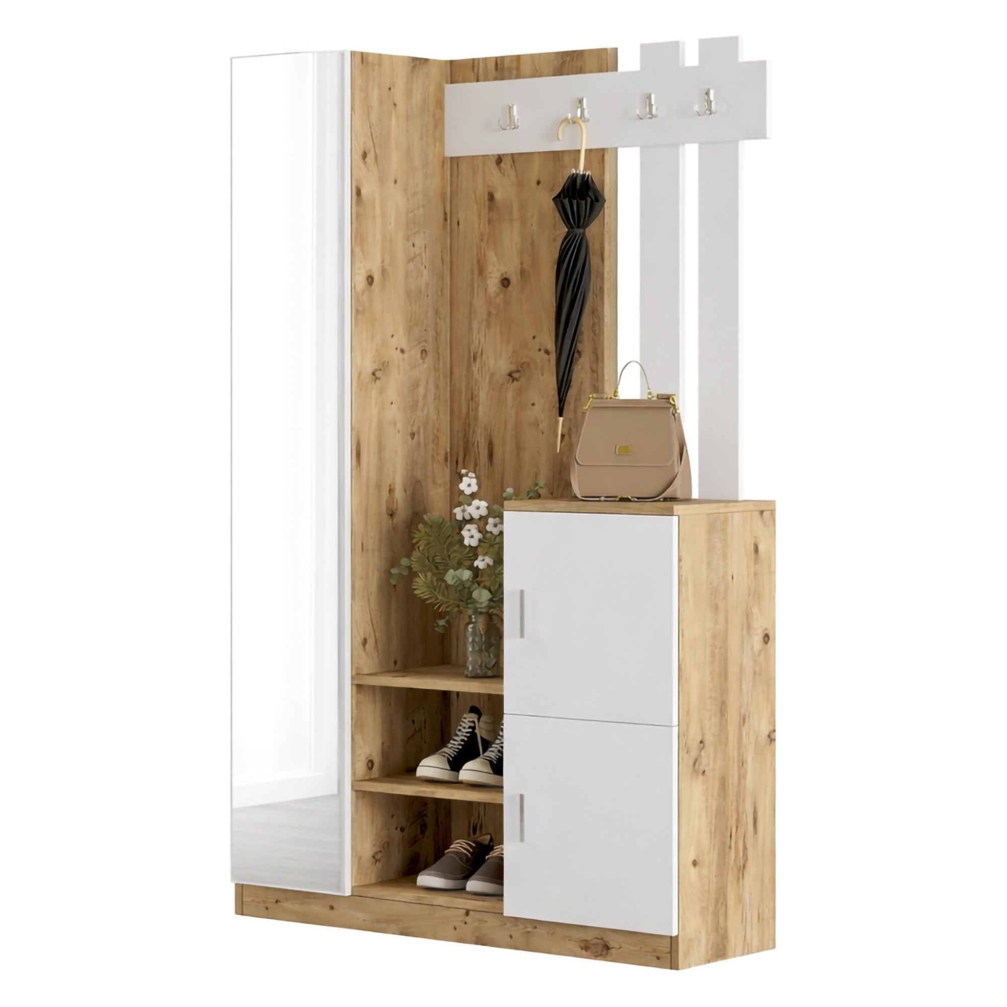 Dmora Mobile da Ingresso Australis, Entratina Appendiabiti, Composizione per atrio, Consolle portaoggetti Multifunzione, 114x38h180 cm, Quercia e Bianco