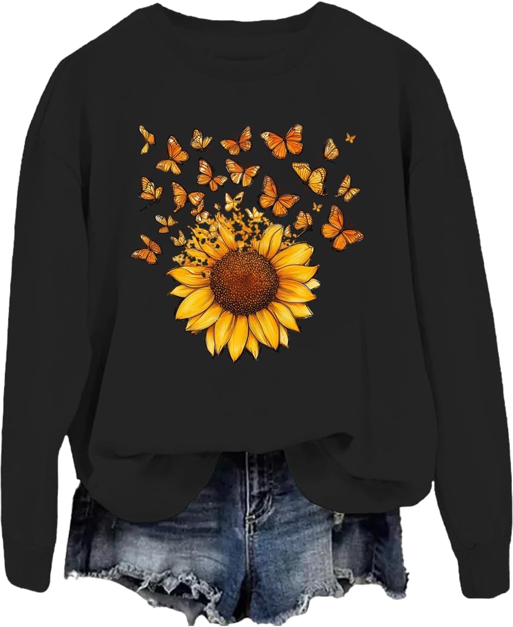DarkJoy Womens Sunflower Sweatshirts Graphic Hoodie for Women Sunflower And Butterfly Shirt Long Sleeve
