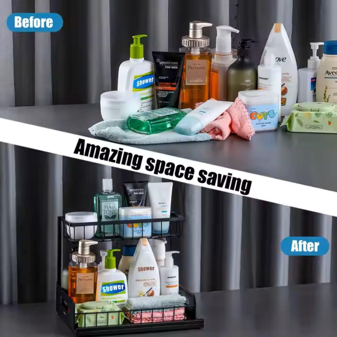 Under Sink Organizer 2-Pack – Sliding 2-Tier Metal Storage Rack, Pull-Out Cabinet Shelf for Kitchen, Bathroom, Cleaning Supplies & Toiletries.