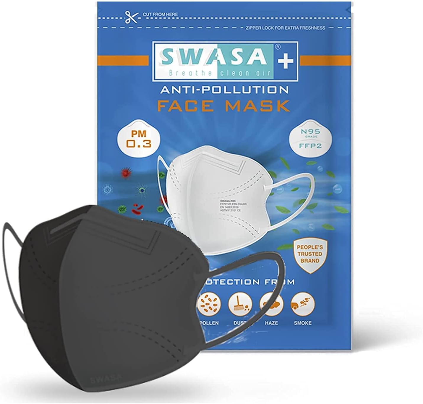 SWASA Plus Nanofiber N95 Mask FFP2 - PM 0.3 (Reusable, Black Color, Pack of 5) for Unisex
