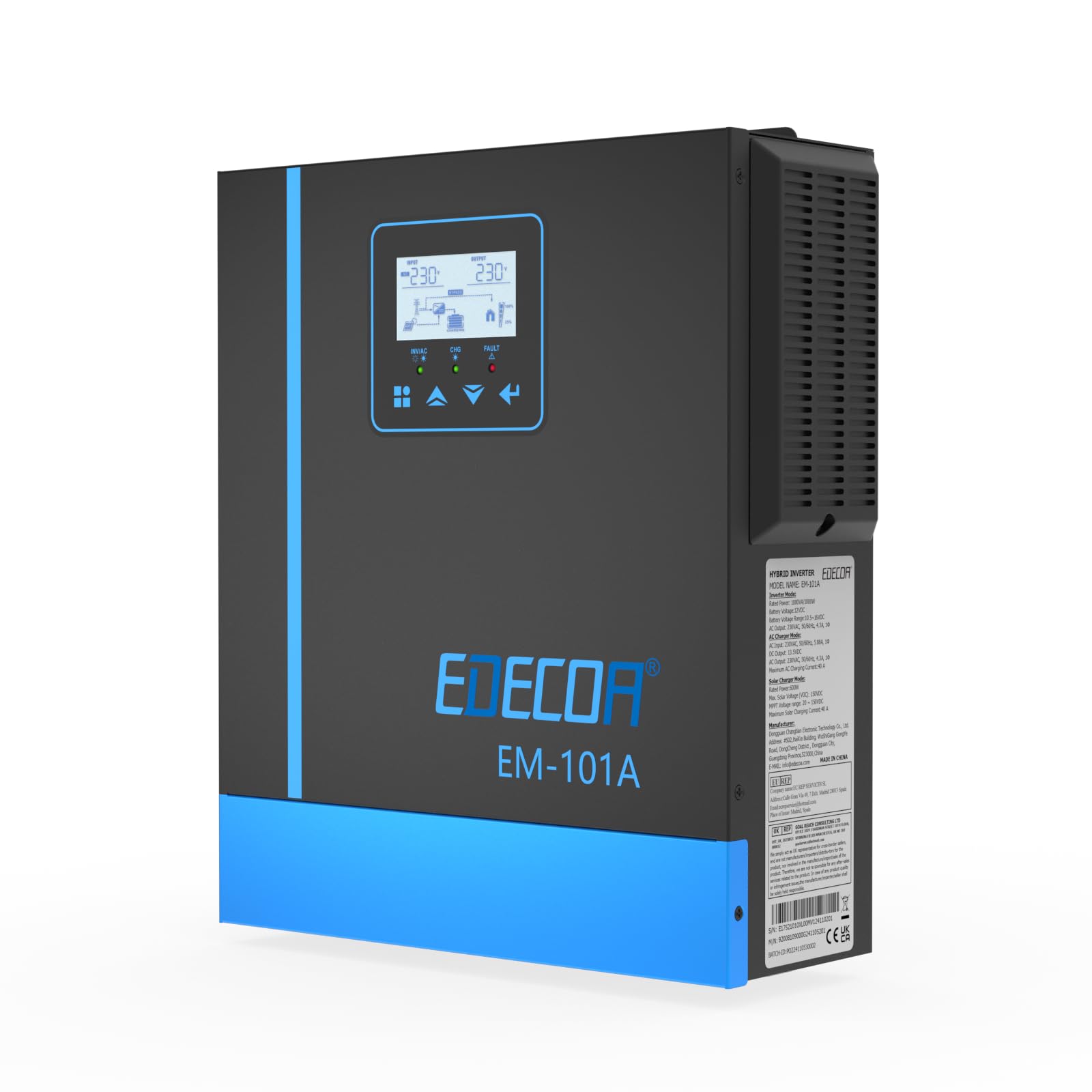 EDECOA Inversor híbrido 12v 1000w 220v 230v 1000VA, Cargador Solar MPPT 40A Onda Pura 20-150Vdc Off-Grid BMS Comunicación Cargador de batería Prioridad de Red Regulador de Carga Solar