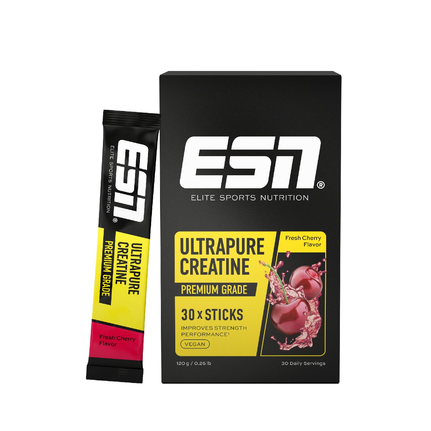 ESN Ultrapure Creatine Monohydrate Sticks, 30 Sticks, 30 Portionen, Fresh Cherry, Creatin Pulver, mikrofein & perfekt löslich, vegan - made in Germany