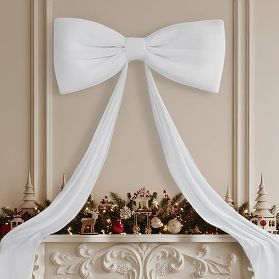 Big Bow For Christmas Tree, 70.8in Large Long Satin Bow Christmas Tree Top, Giant White Velvet Bows, ChristmasTree Toppers Bows For Home Wall Backdrop Birthday Wedding Party Decorations