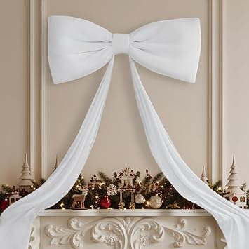 Big Bow For Christmas Tree, 70.8in Large Long Satin Bow Christmas Tree Top, Giant White Velvet Bows, ChristmasTree Toppers Bows For Home Wall Backdrop Birthday Wedding Party Decorations