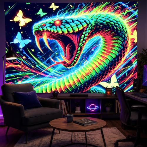 Image of BlissYard Psychedelic Dragon Blacklight Tapestry 78x59 Inch UV Reactive Wall Hanging Fantasy Castle Scene Glow in Dark Backdrop Luminous Blacklight Tapestry Aesthetic Decor Art