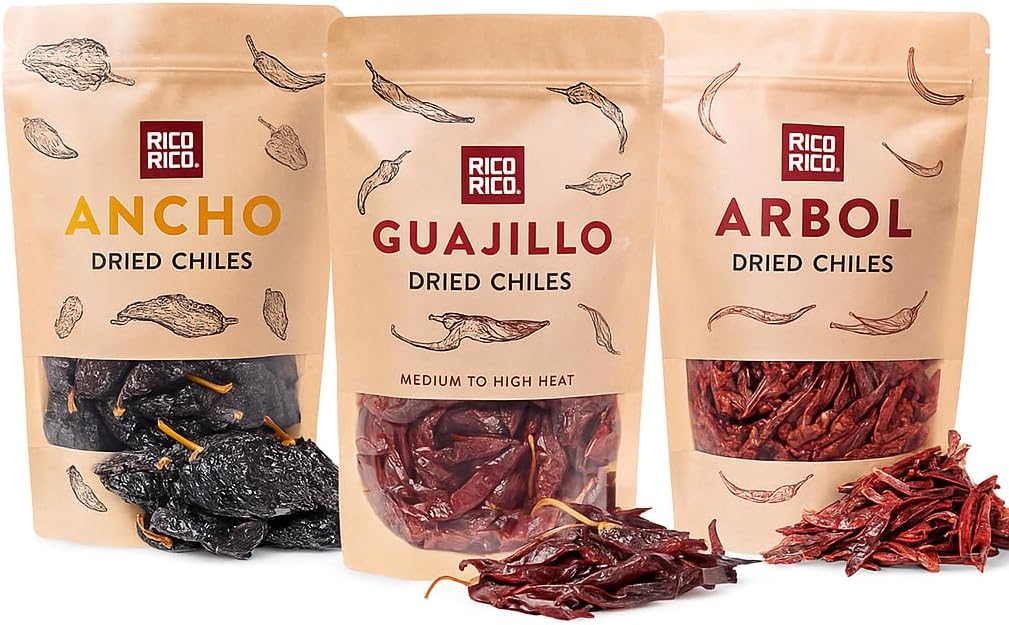 RICO RICO Dried Chile Peppers 3 Pack (12 Oz) - The Spicy Trio - Ancho, Guajillo & Arbol Chiles for Authentic Mexican Recipes, Smoky & Spicy Flavor, Resealable Bags