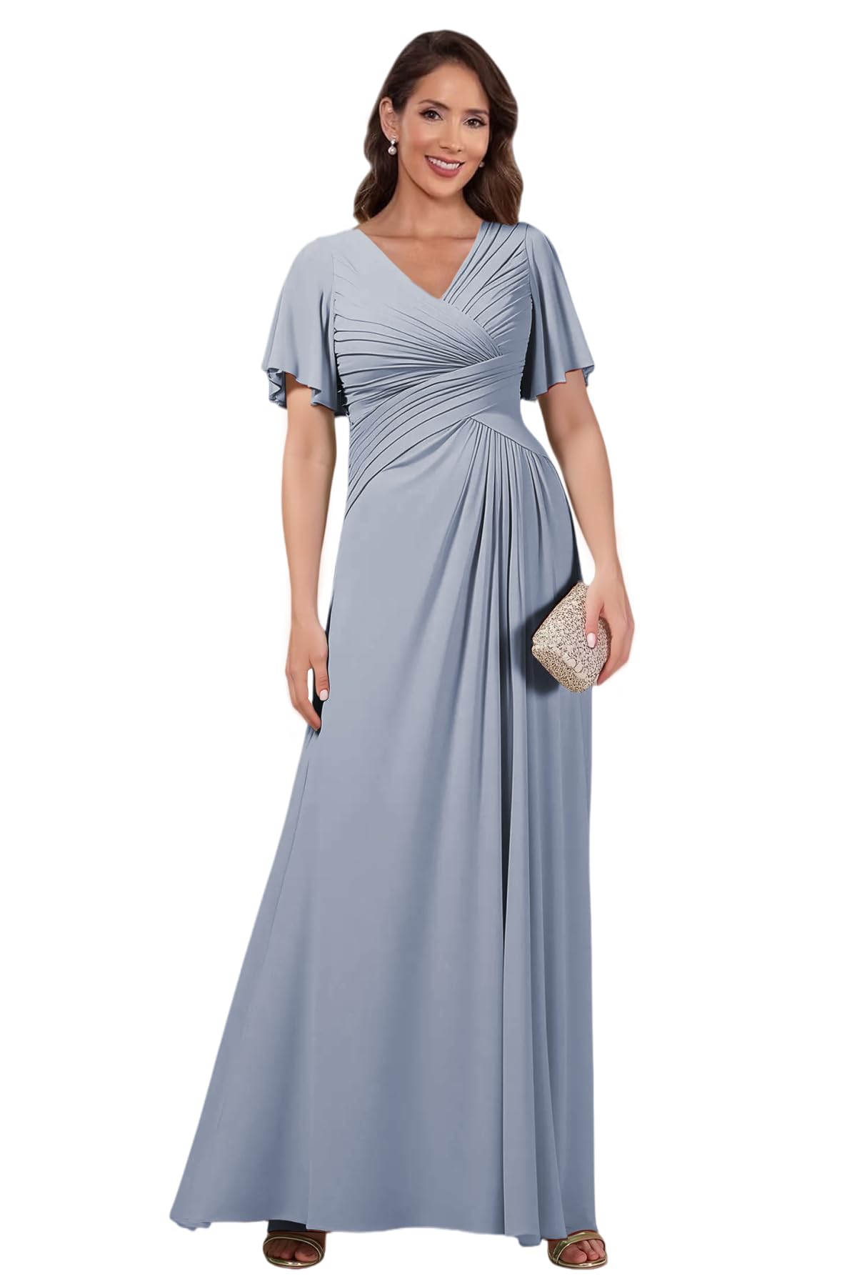 Short Sleeve Mother of Bride Dresses Long Pleated Chiffon Formal Dress Empire Waist A Line Wedding Guest Dress