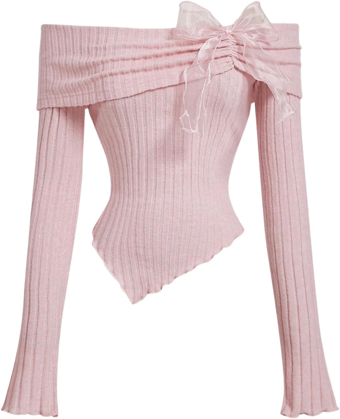 GORGLITTER Women's Off The Shoulder Tops Bow Cute Y2k Ruched Asymmetrical Long Sleeve Crop Tops Shirts Going Out Brunch Outfits