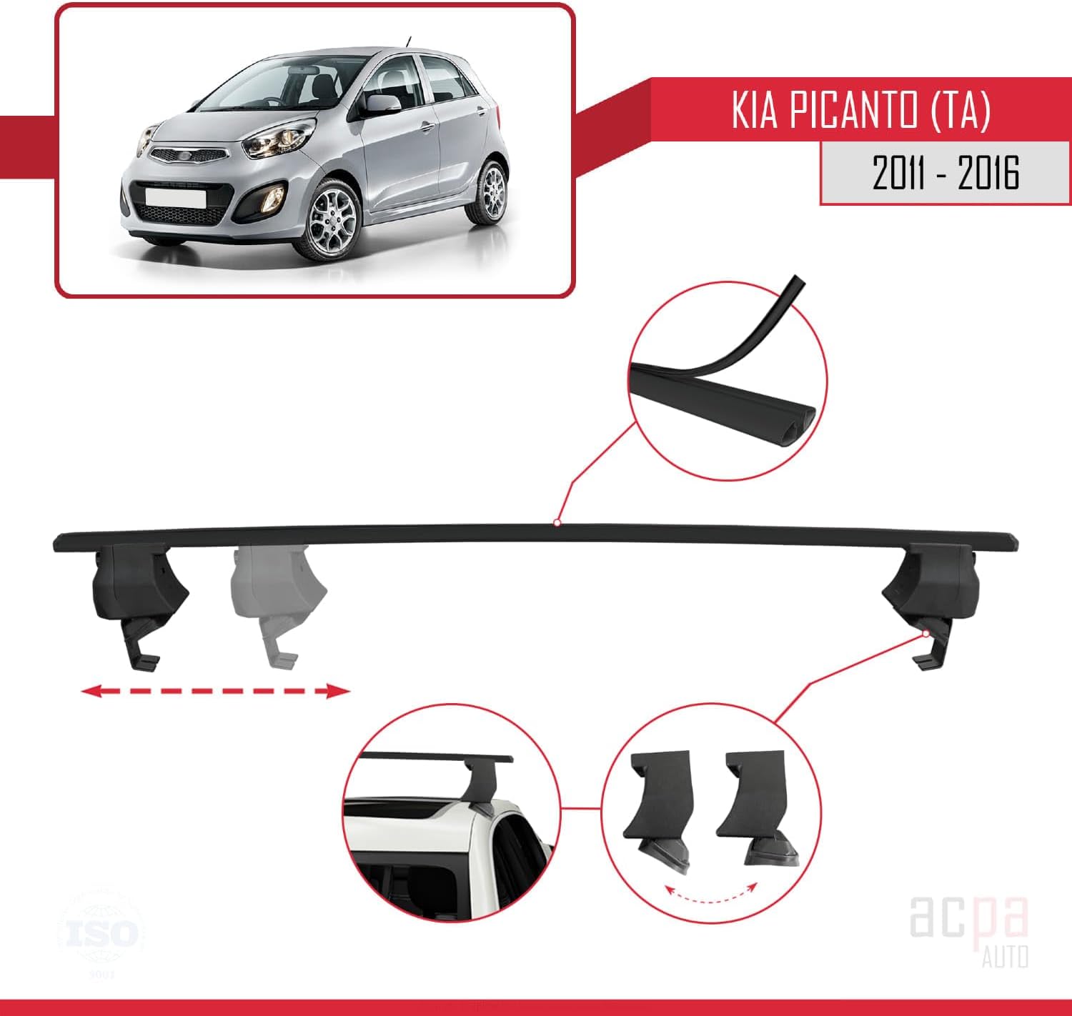 Compatible with Kia Picanto 2 (TA) 2011-2016 ACE-4 Cross Bar Car Top Luggage Carrier Rails Roof Racks Black Aluminium 2 Bars