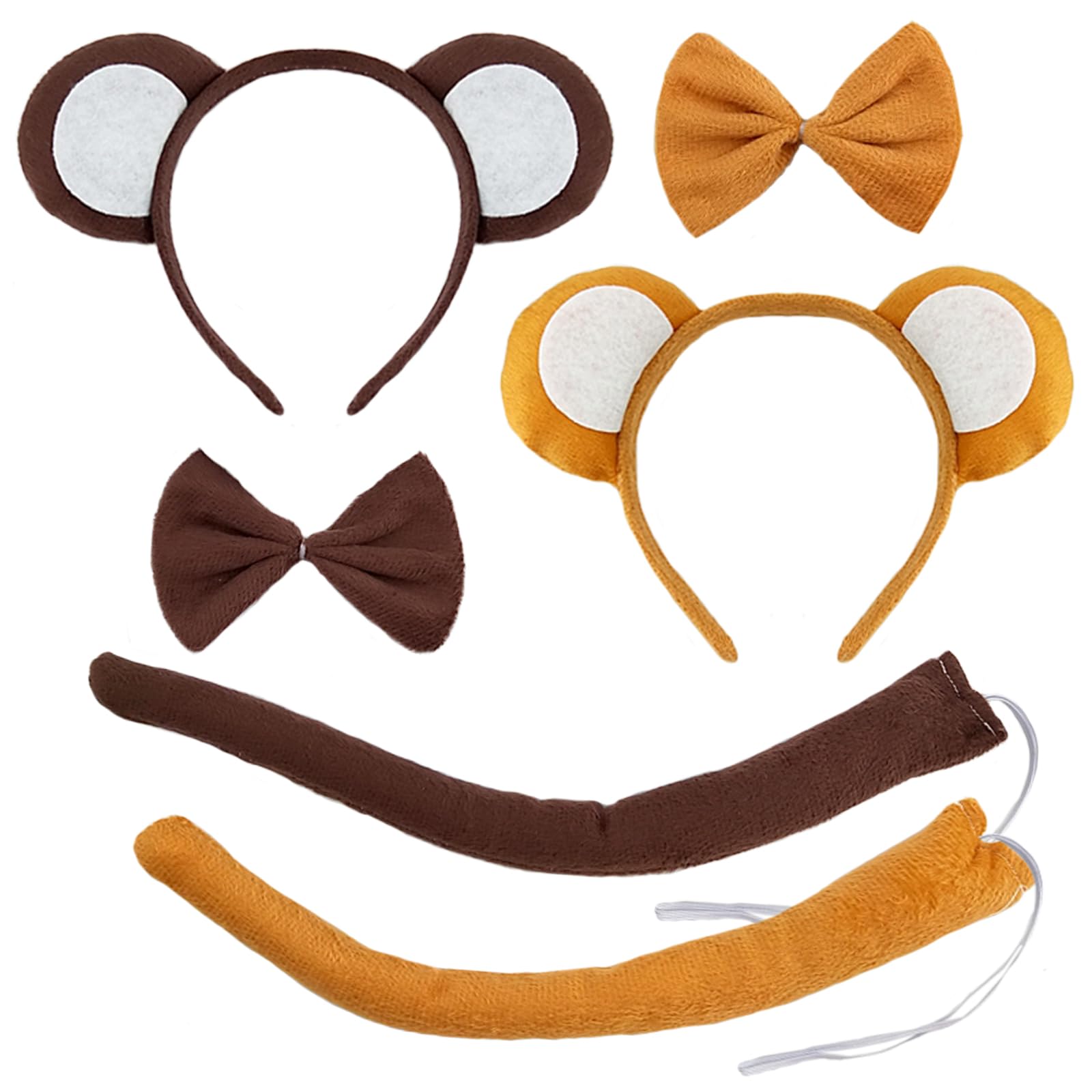 Halloween Monkey Ears Headband Bow Tie Tail Brown Monkey Hair Hoops Bands Women Bowtie Animal Headpiece Hairband Christmas Xmas Cosplay Holiday Festival Parade Dress Up Birthday Party Accessories