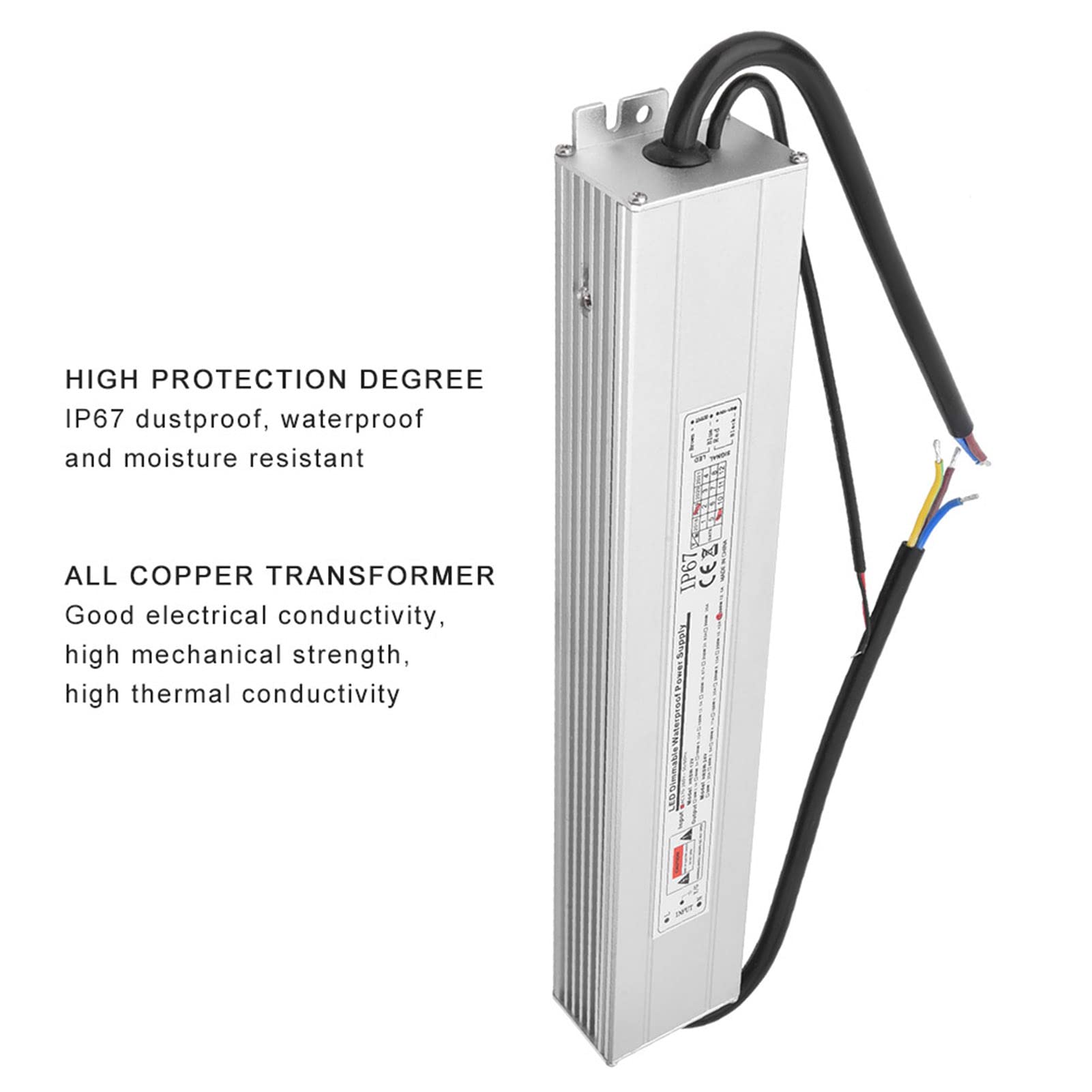Tissting Fuente de Alimentación LED, Fuente de Alimentación Regulable Impermeable SCR/0-10V DC24V 12.5A 300W Transformador de Cobre Carcasa de Aleación de Aluminio para Iluminación Comercial Oficina