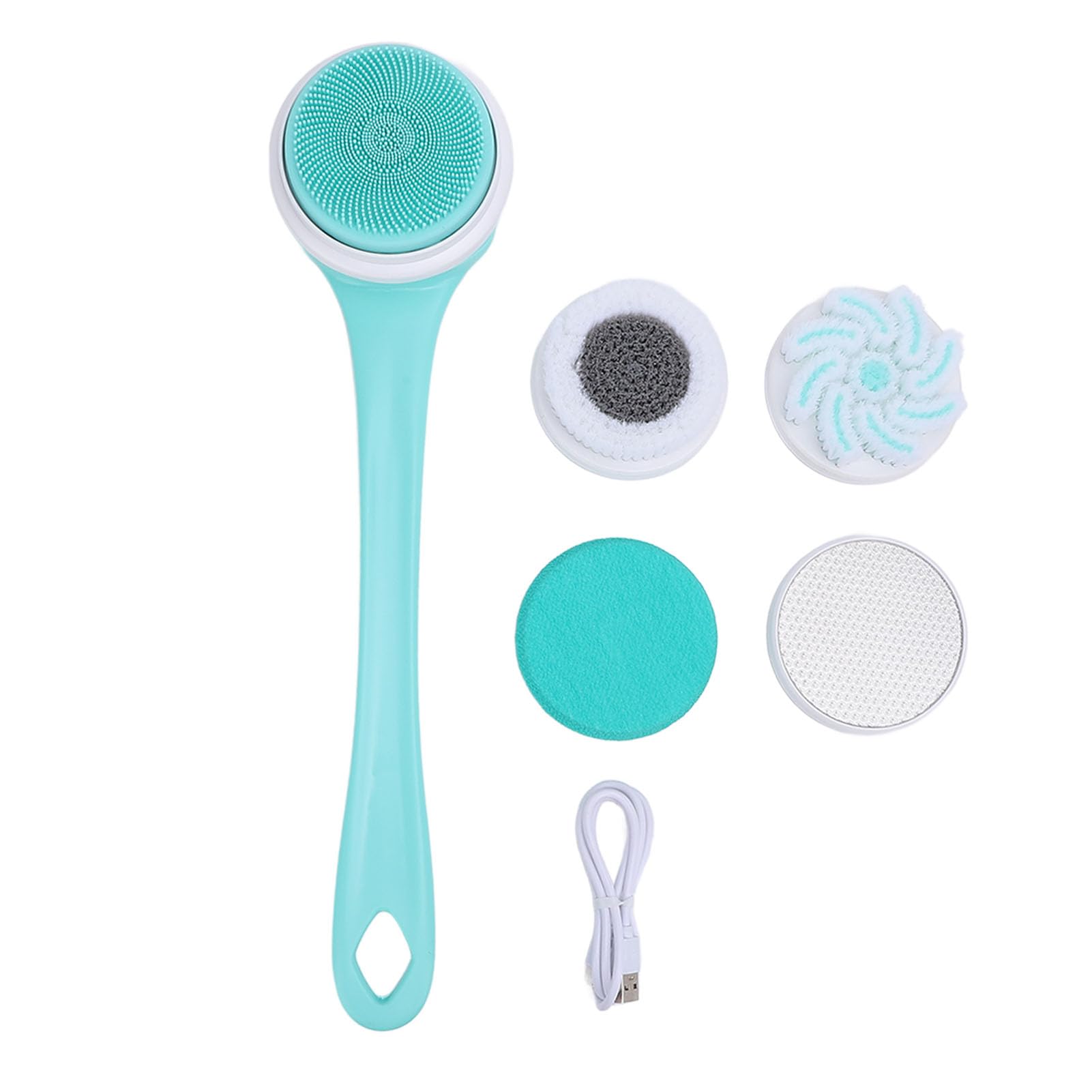 Spazzola elettrica per il corpo Spazzola per doccia multifunzionale con manico lungo Scrubber elettrico per doccia resistente all'acqua con 5 testine per uomini e donne (Verde)