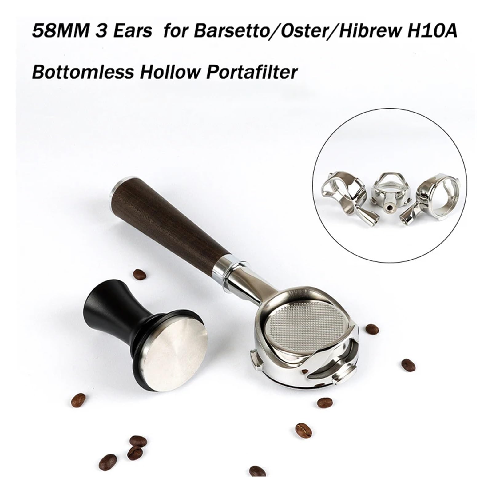 Portafiltro hueco sin fondo de 58MM for accesorios acero inoxidable con mango café(58MM-C2)