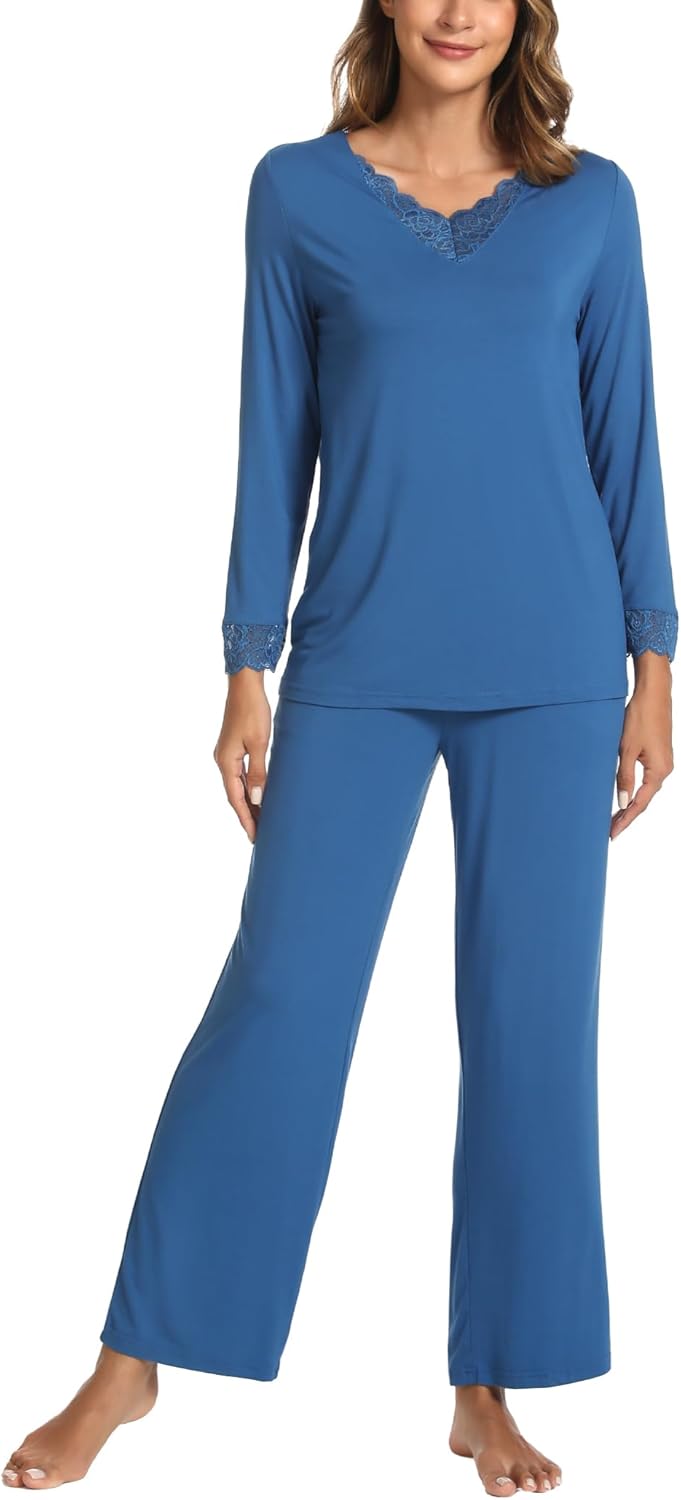 GYS Women's Pajama Sets Viscose from Bamboo Lace Trim Long Sleeve Sleepwear Soft Pjs Lounge Sets with Pockets - Image 4