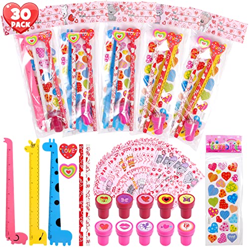 F FiGoal 30 Pack Valentines Day Assorted Stationery Value Gift Set Kids Classroom Exchange Pencil Eraser Ruler Stamper and Stickers Classroom Prizes Goodie Bag Party Supplies