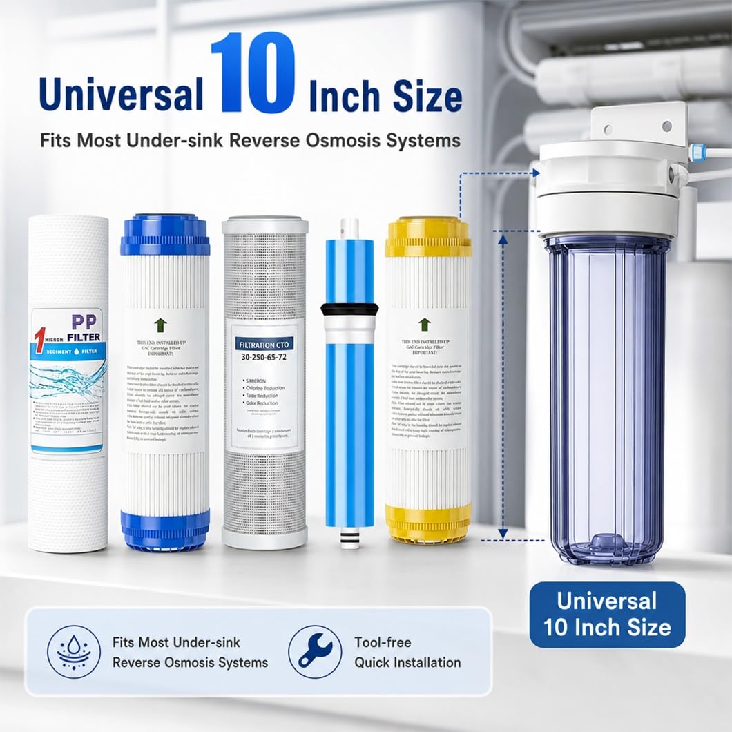 2 Zestawy,uniwersalne 10" Zestawy Wymienne Filtrów Odwróconej Osmozy RO,5-stopniowa Filtracja, Idealne Systemów Wody Pitnej Pod Zlewem,cały Dom I Zastosowań Komercyjnych(100G)