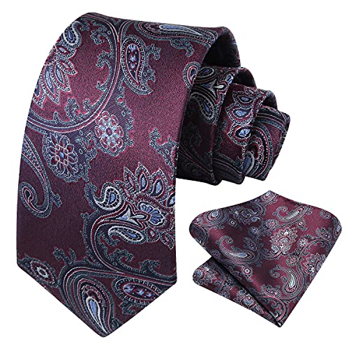 Image of HISDERN Extra Long Ties for Men Classic Floral Tie and Pocket Square Elegant Silk Necktie Handkerchief Set Wedding Party