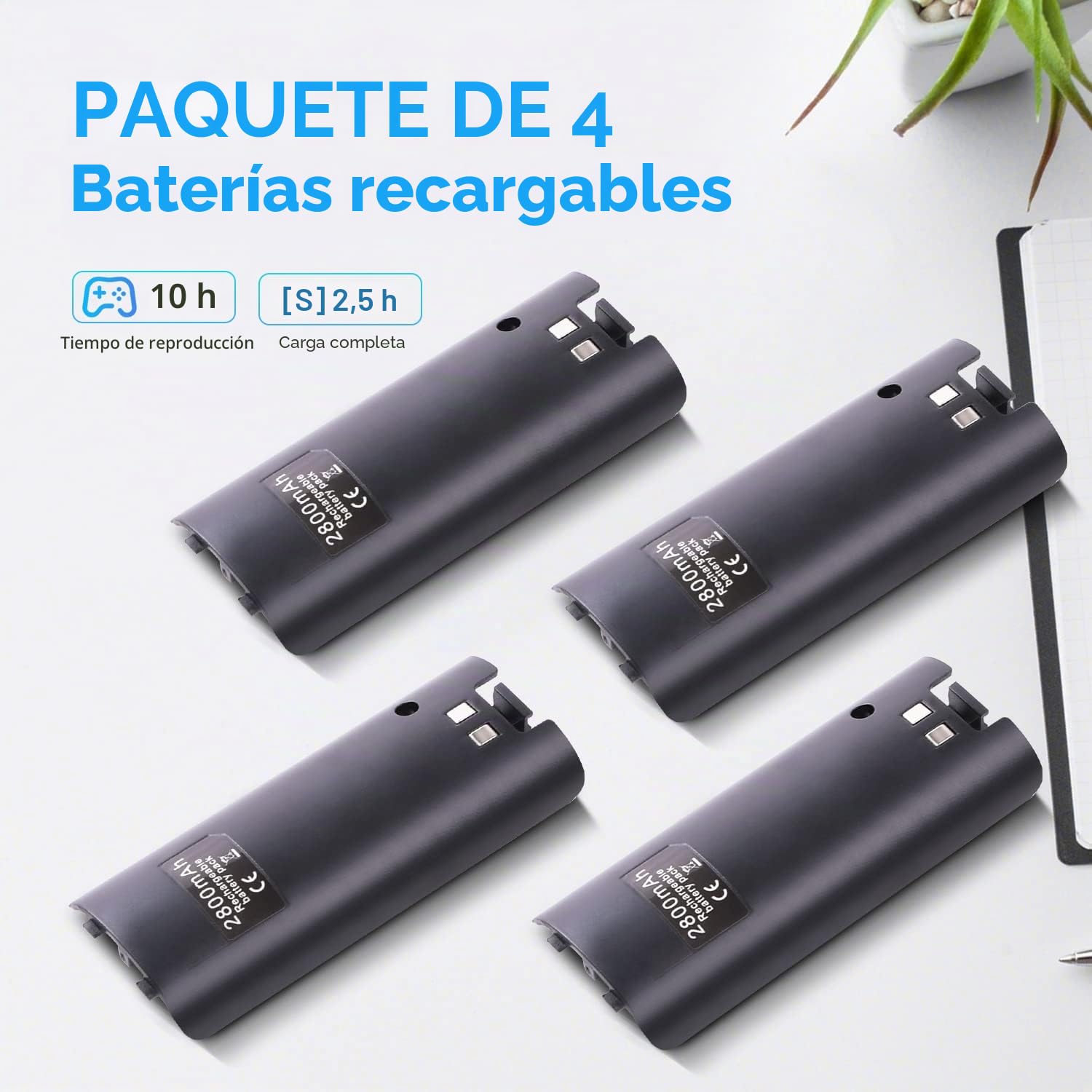 TechKen - Cargador para Mando de Wii con 4 baterías Recargables, Cargador Wiimote para Wii y Soporte de Carga de Wii con 4 Pilas de 2800 mAh para Mando a Distancia de Wii