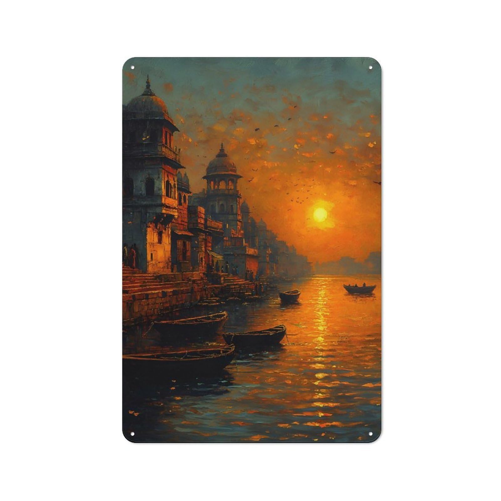 Junmoney Style-1 For Hobby Room Or Studio, Sunset Over Ganges River With Boats Retro Metal Sign 30X20cm, A Decorative Gift For A Newly Furnished Hobby Room And Studio