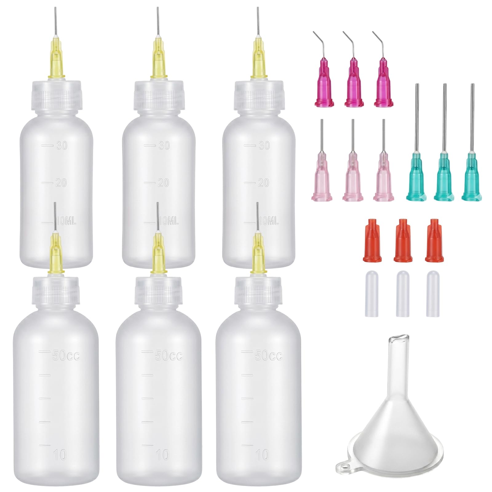 6Pcs Needle Bottle Applicators, Precision Glue Applicator, Glue Bottles Squeeze Bottle with 18ga 20ga 25ga Blunt Oiler and Storage Caps for Glues Applications, Paint Quilling Craft (30ml+50ml)