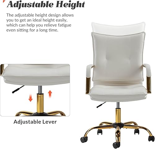 Miniatura 3 de HULALA HOME Silla de escritorio de piel sintética para oficina en casa, silla giratoria ajustable para computadora con patas y brazos dorados,