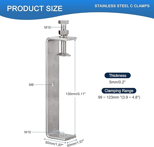 Miniatura 2 de Paquete de 4 abrazaderas C de acero inoxidable 304 con abrazadera de tigre de apertura ancha estable de 5.12 pulgadas para carpintería, soldadura,