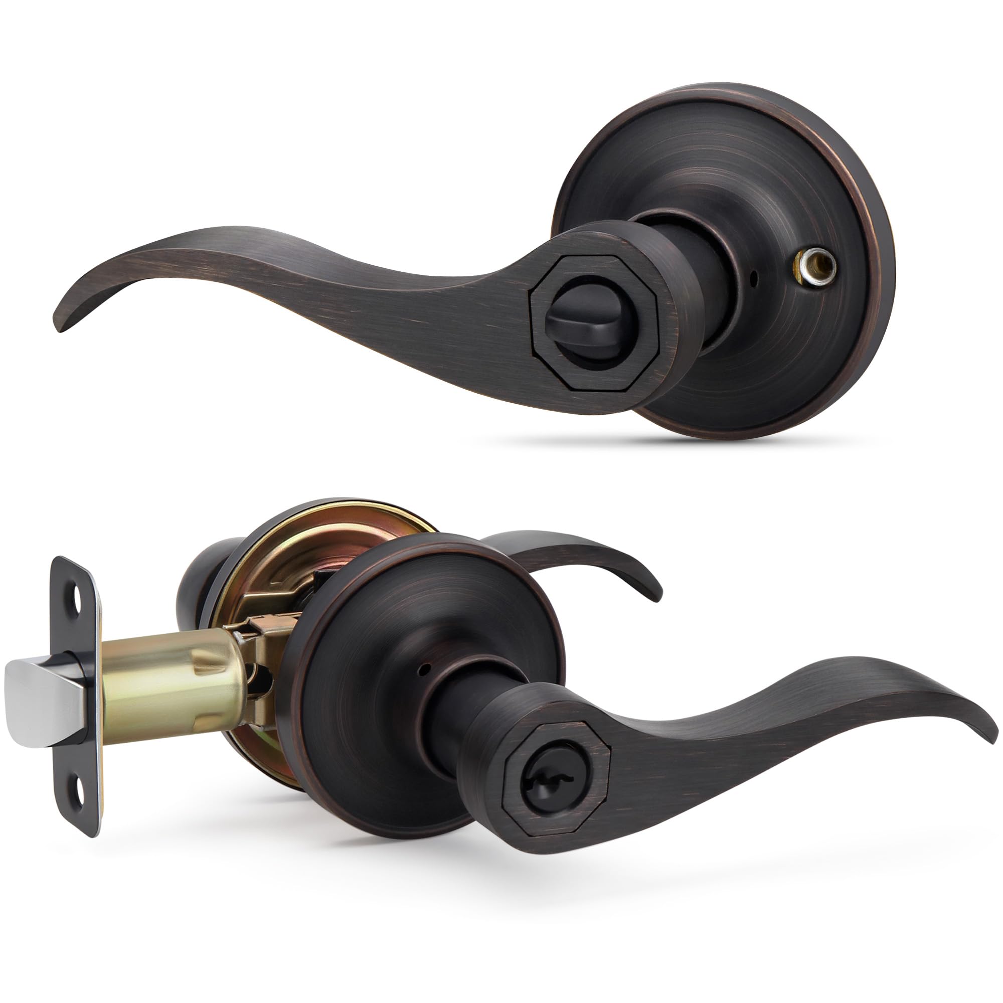 LOQRON Wave Style Door Lever, Keyed Entry Door Handle with Lock, Oil Rubbed Bronze Entrance Lever Reversible for Left/Right Handed for Office or Front