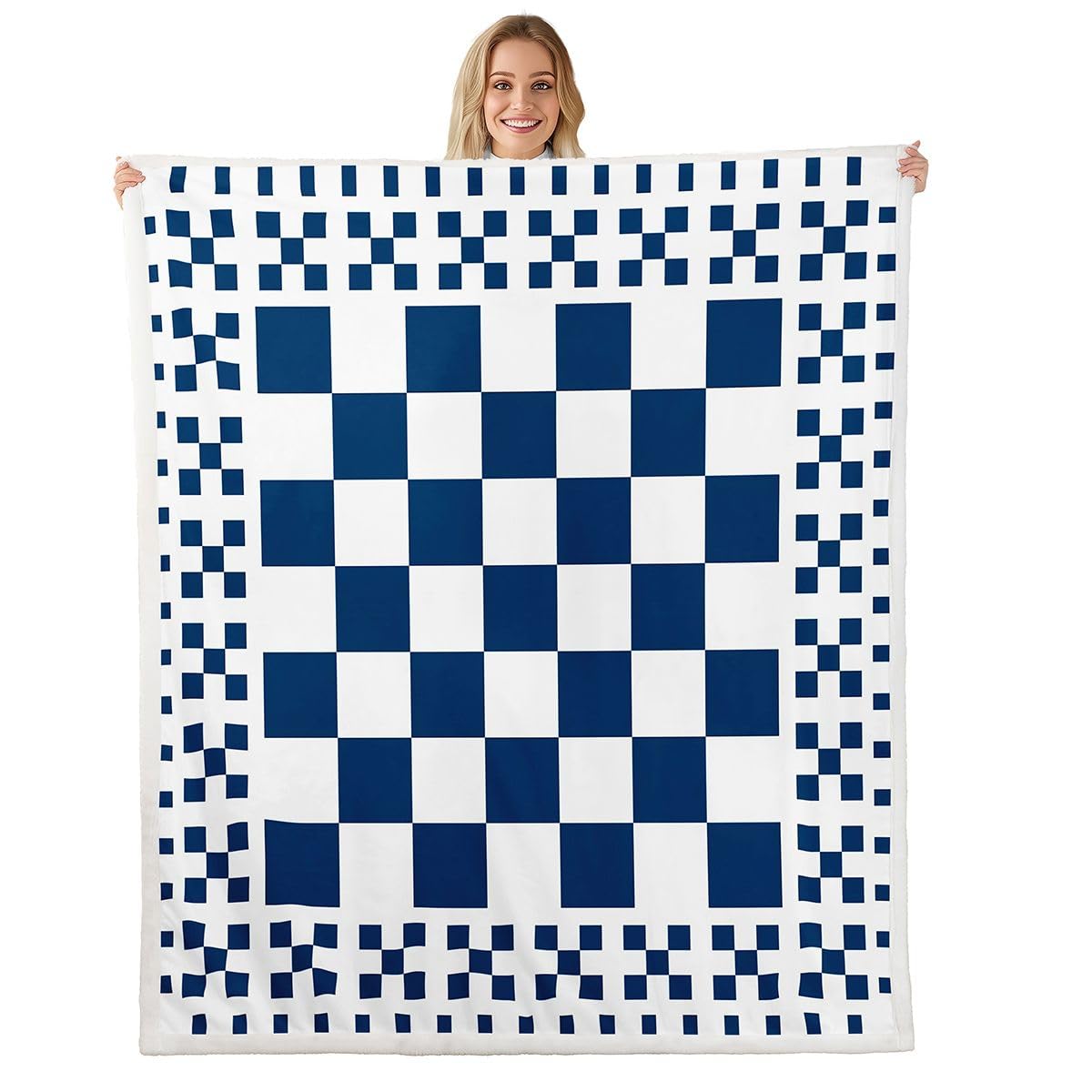 Homewish Koc Sherpa w kratkę granatowa szachownica puszysty pluszowy narzuta geometryczny koc polarowy w kratkę w kratkę - patchworkowy bawół pled dekoracja na łóżko kanapę królowa 229 cm x 229 cm
