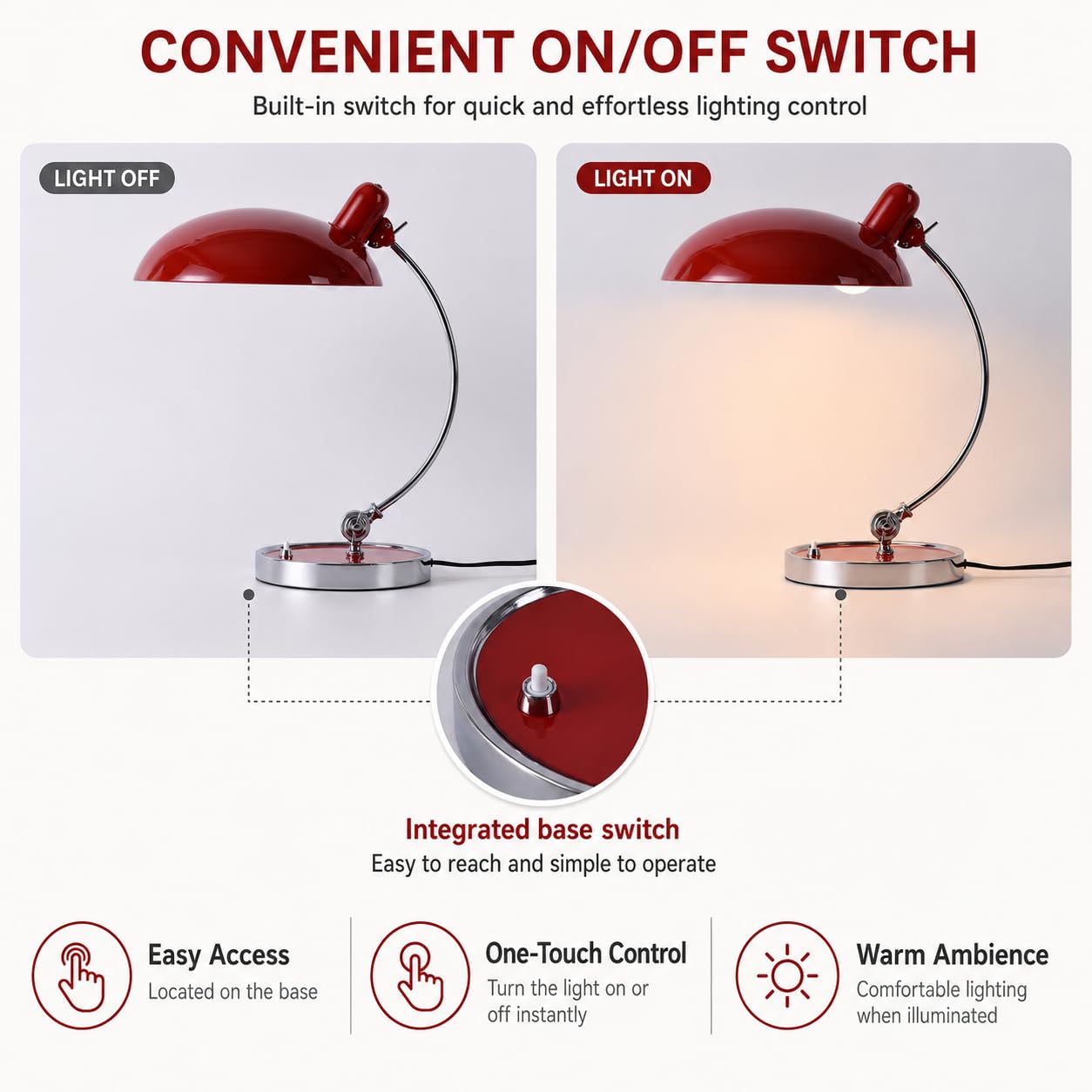 Alpinaluz Flexo de Mesa Bauhaus E27 Rojo y Cromo Metal Ø29 cm | Pantalla roja giratoria, brazo cromado ajustable e interruptor en base para escritorio, despacho, lectura o mesilla