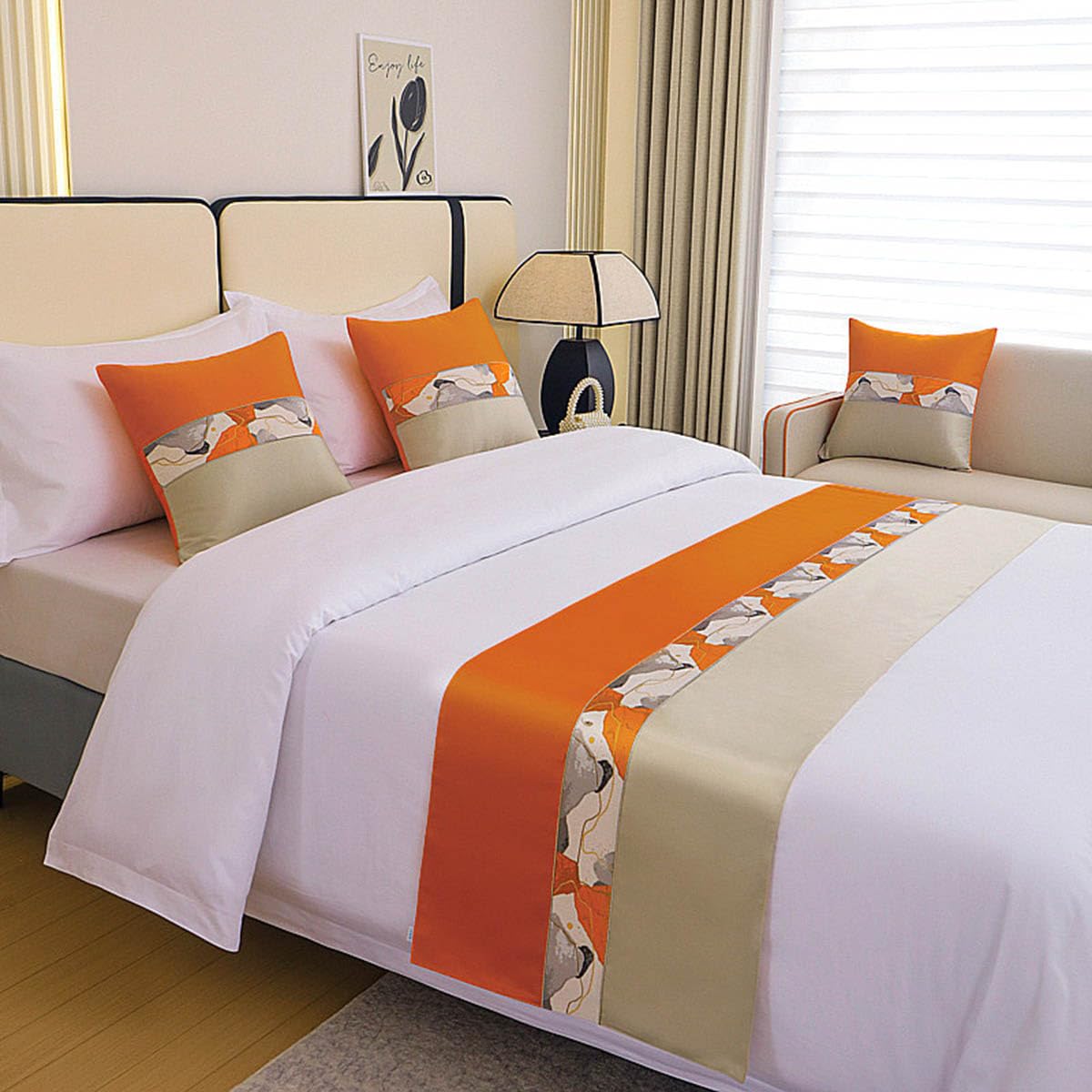 Caminador de cama satinado lavable para proteger y embellecer camas King con cojines