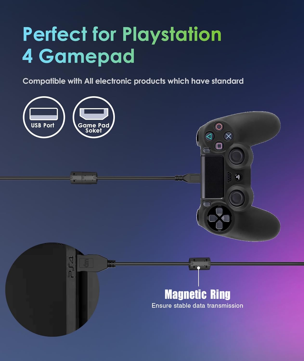 6amLifestyle [2 Pack 10FT] PS4 Controller Charging Cable, Charge and Play, Micro USB Charger High Speed Data Sync Cord for Sony PlayStation 4 PS4 Slim/Pro Controller, Xbox One S/X Controller, Android