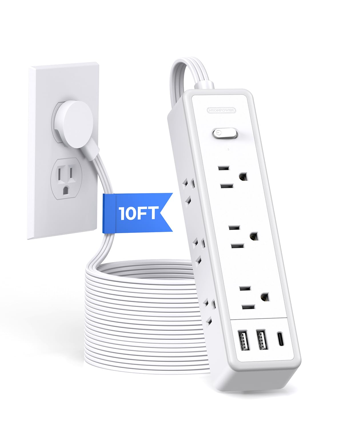 Surge Protector Power Strip 10 FT, Flat Extension Cord with 9 Widely Outlets 3 USB Ports(1 USB C), 1080J, Flat Plug, 3 Side Extension Cord with Multiple Outlets, Mounted, for Indoor Home Office, White