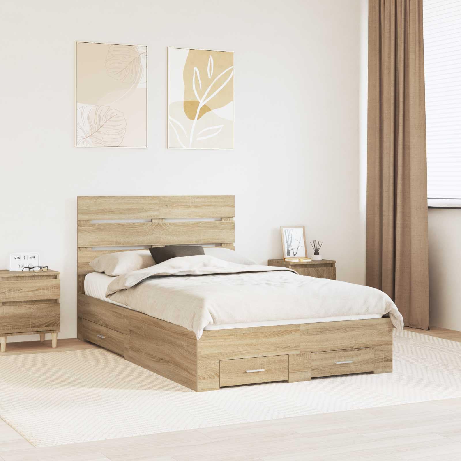 Telaio letto con testiera in rovere Sonoma 120 x 200 cm, in legno di legno, design moderno per camera da letto, cassetti inclusi, telaio durevole