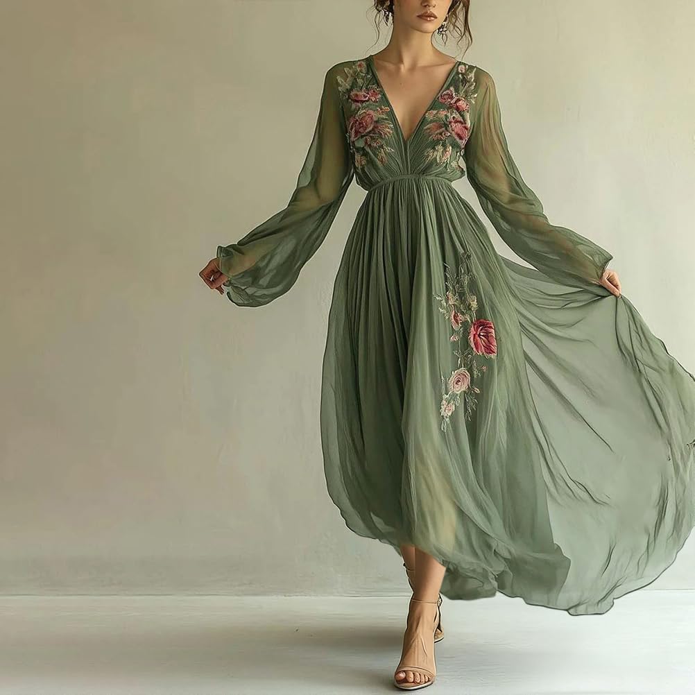 Minetom Femme Robe De Soirée Chic Longue Col V À Fleur Mousseline Manches Longue Maxi Dress Plage D'Été Cocktail Mariage Robe De Demoiselle d'honneur