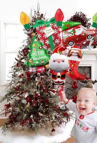 8Pcs Christmas Balloons, Santa Claus Christmas Stocking Xmas Car Gift Foil Christmas Tree Balloons For Kids And Xmas Party Supplies Decorations, Red&Green, Large Size(20-55 Inch) #TOP6